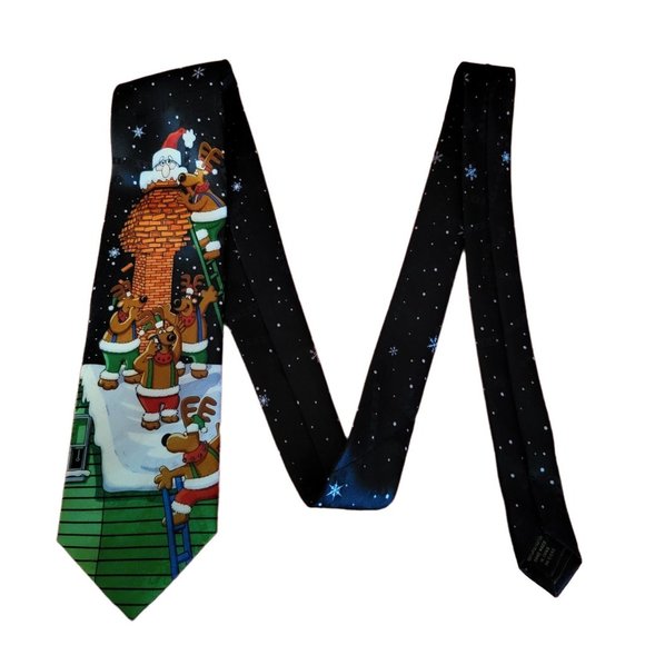 MMG Yule Hallmark Christmas Tie Navy Blue Santa Stuck in the Fireplace - Picture 6 of 12